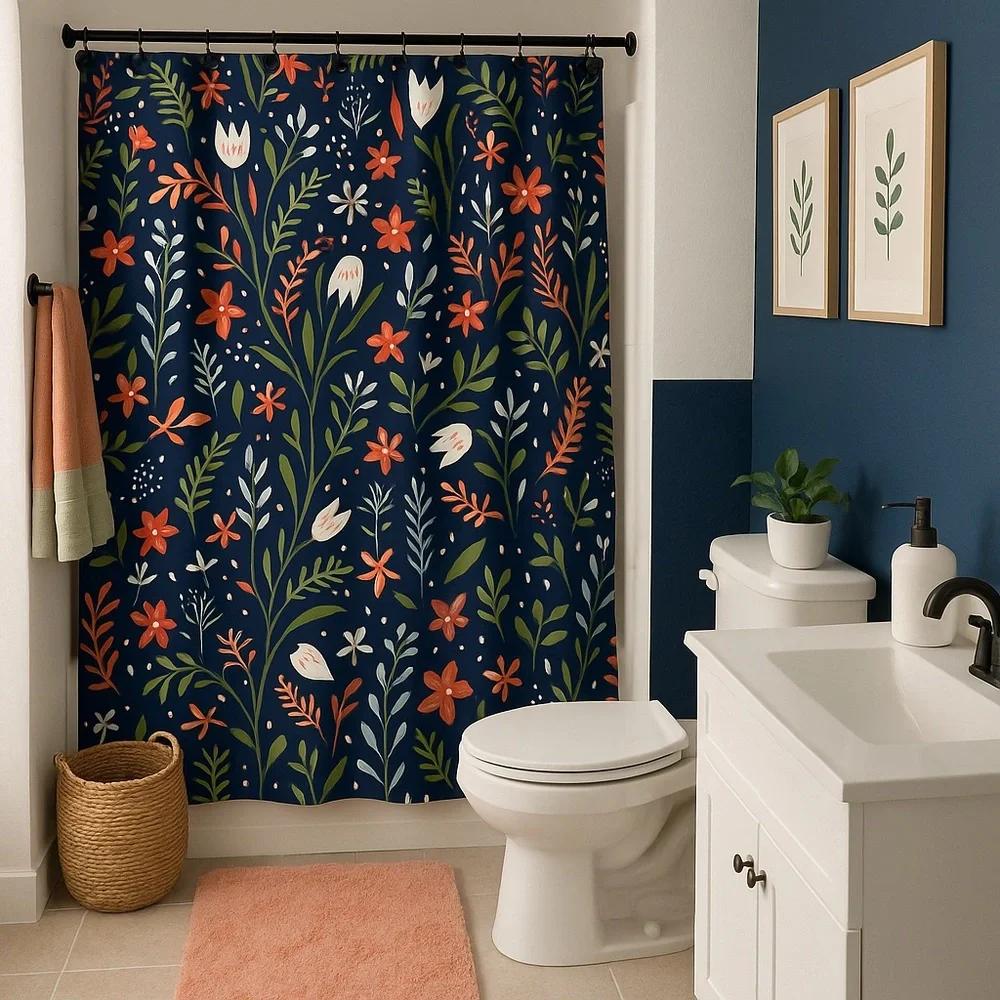 🌿 Pillowfort Floral Shower Curtain – Navy Botanical Print - Picture 1 of 3